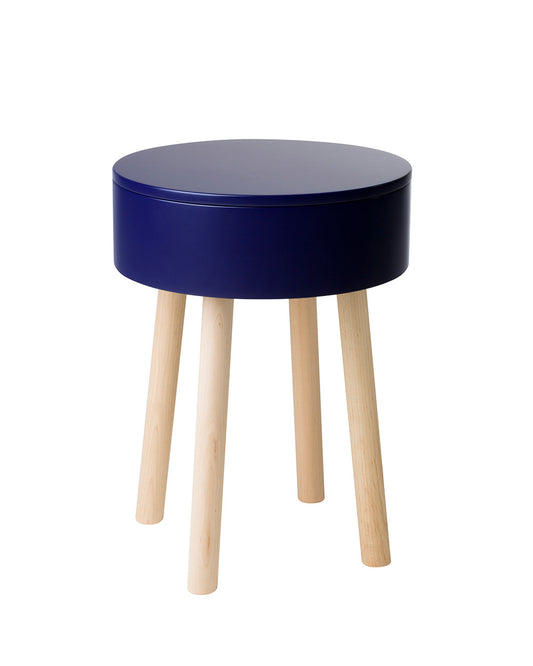 Multifunctional Piilo stool in Ink Blue. Piilo is a stool with storage space hidden inside its seat. Designed by Hanna Lantto. Made in Finland.