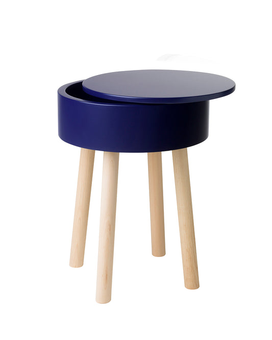 Multifunctional Piilo stool in Ink Blue. Piilo is a stool with storage space hidden inside its seat. Designed by Hanna Lantto. Made in Finland.